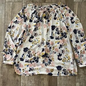 Lucky Brand Shirt Tie Neck Boho Peasant Blouse Long Sleeve Top Blue White Pink S